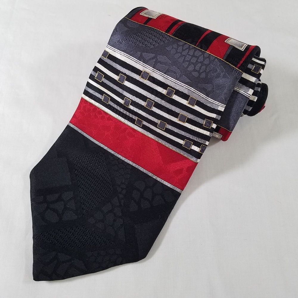 Carlo Palazzi Couture‎ Silk Neck Tie Black Red Gray Stripes 56x3.5
